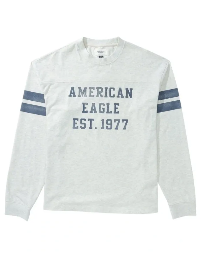 American Eagle Long Sleeve Graphic Football T-shirt in Heather Frost