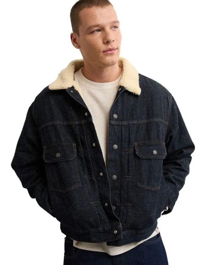 American Eagle Sherpa Denim Jacket in Dark Wash