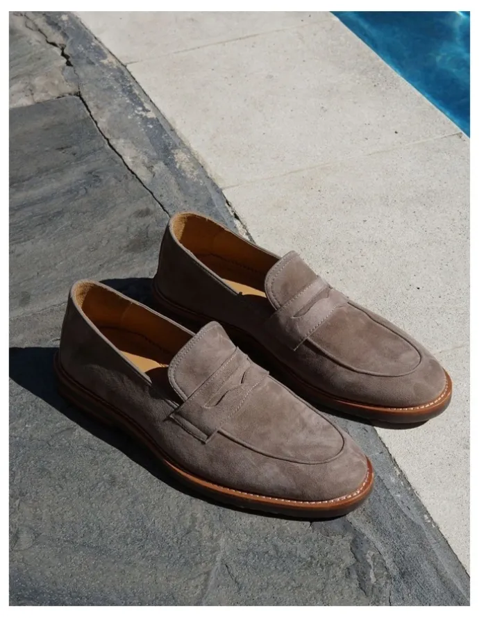 Aquila Emilio Suede Penny Loafers in Taupe
