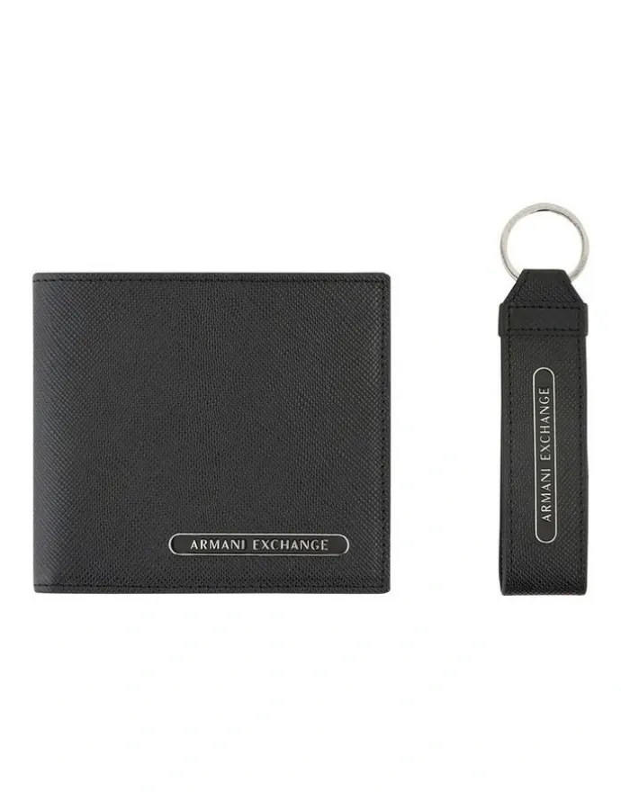 Armani Exchange Barcelona Wallet and Keychain Leather Giftset in Black