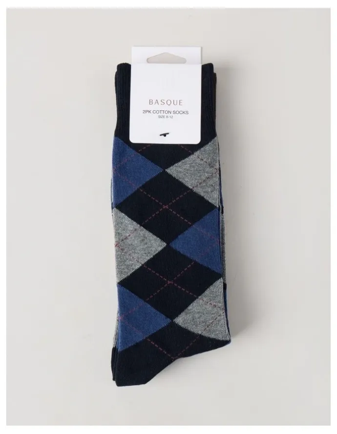 Basque 2 Pack Argyle Socks in Navy & Chocolate