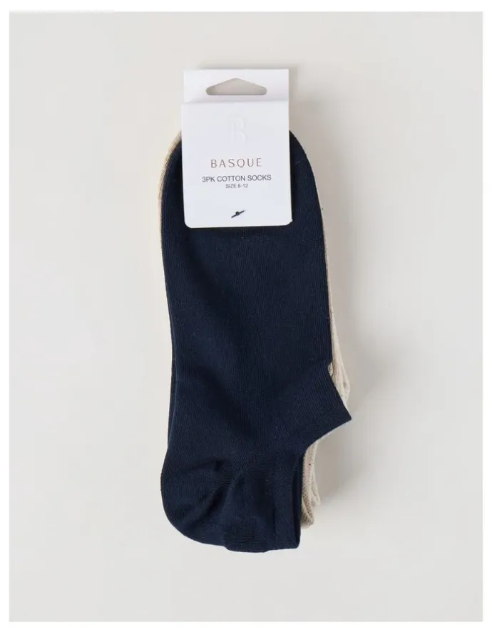 Basque 3 Pack Lowcut Liner Socks in Navy, Stone, & Pumice