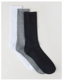 Basque 3 Pack Sports Crew Socks in Black, Grey, & White.