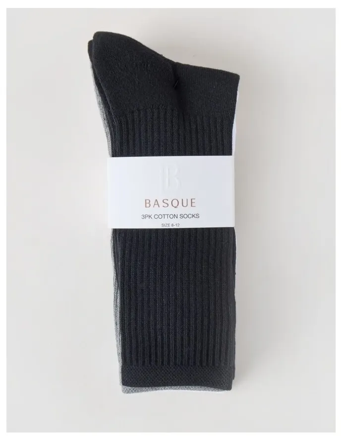 Basque 3 Pack Sports Crew Socks in Black, Grey, & White.