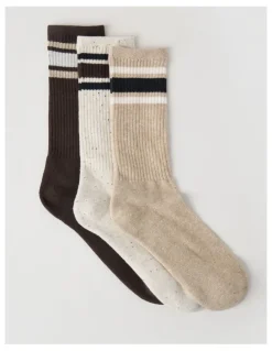 Basque 3 Pack Sports Crew Socks in Oat & Pumice Stripe