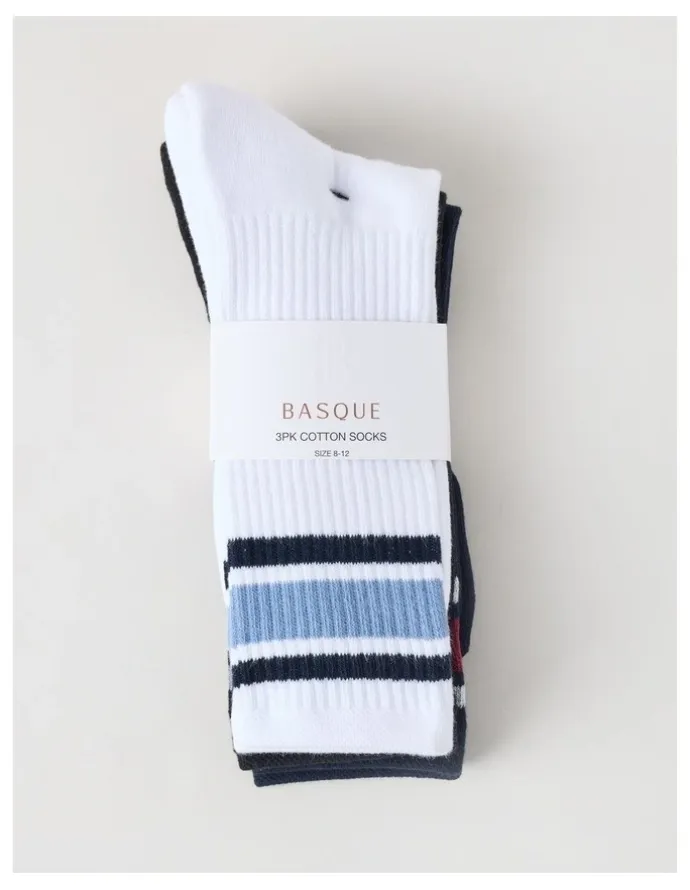 Basque 3 Pack Sports Crew Socks in Multi Stripe