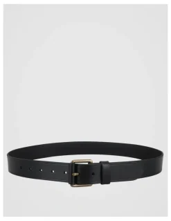 Basque Smart Casual Leather Belt With Roller Buckle Black/Brass Belt Black/Brass