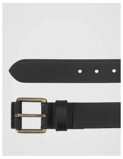 Basque Smart Casual Leather Belt With Roller Buckle Black/Brass Belt Black/Brass