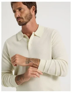 Basque Australian Merino Long Sleeve Polo in Ecru