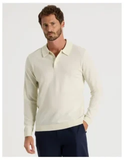 Basque Australian Merino Long Sleeve Polo in Ecru