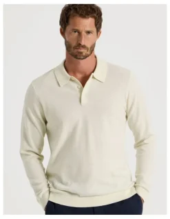 Basque Australian Merino Long Sleeve Polo in Ecru