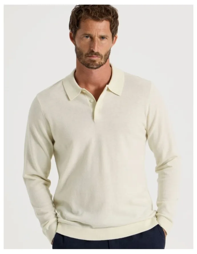 Basque Australian Merino Long Sleeve Polo in Ecru