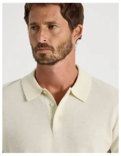 Basque Australian Merino Long Sleeve Polo in Ecru