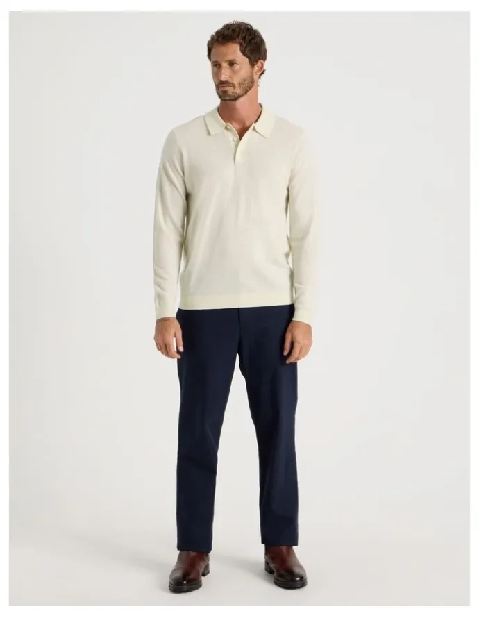 Basque Australian Merino Long Sleeve Polo in Ecru