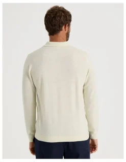 Basque Australian Merino Long Sleeve Polo in Ecru