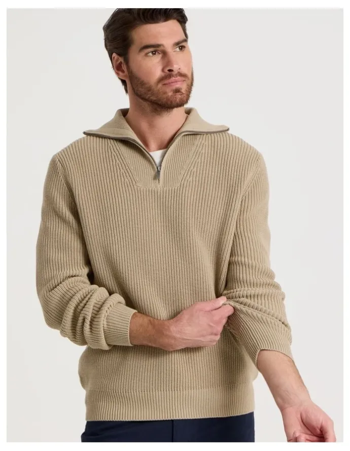 Basque Chunky Quarter Zip Knit Sweater in Sand