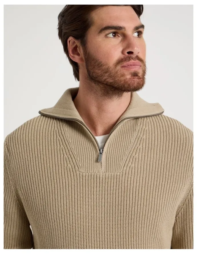 Basque Chunky Quarter Zip Knit Sweater in Sand