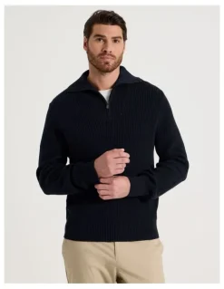 Basque Chunky Quarter Zip Knit Sweater in Navy