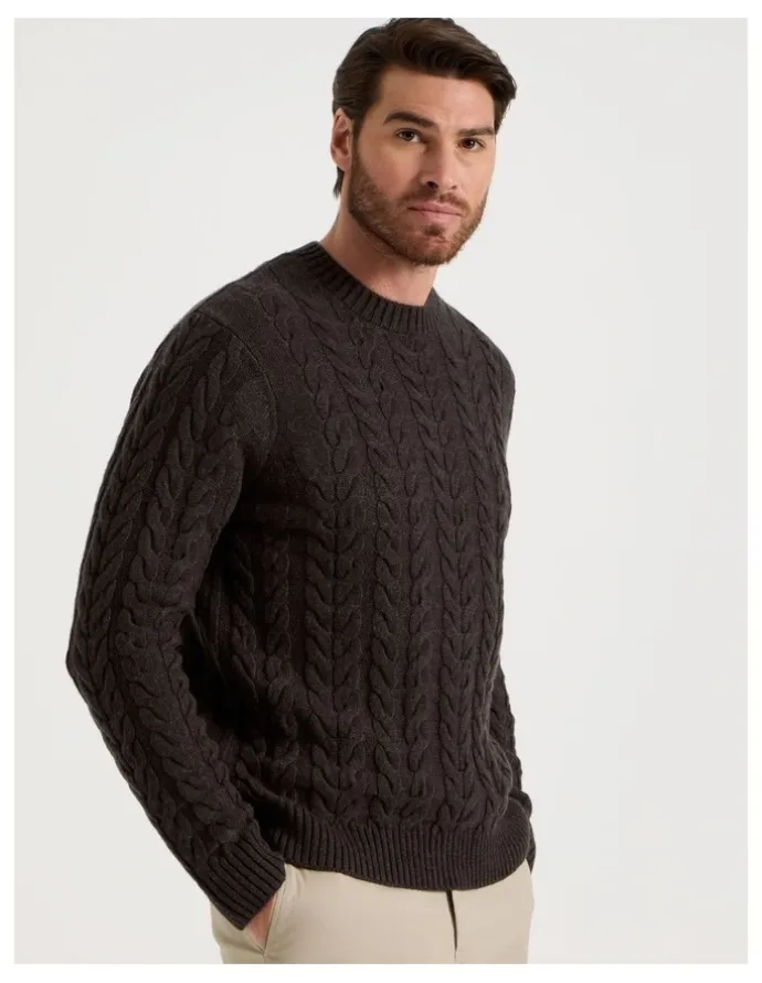 Basque Crew Neck Cable Knit in Brown