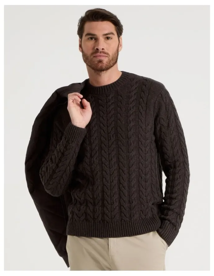 Basque Crew Neck Cable Knit in Brown