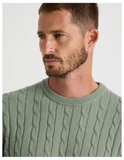 Basque Crew Neck Cable Knit Sweater in Light Green