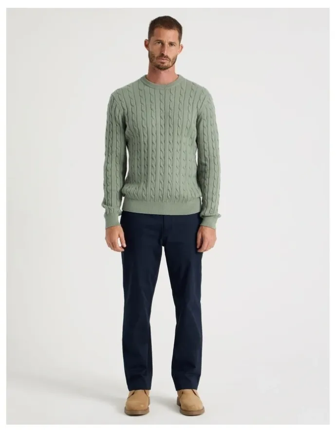 Basque Crew Neck Cable Knit Sweater in Light Green