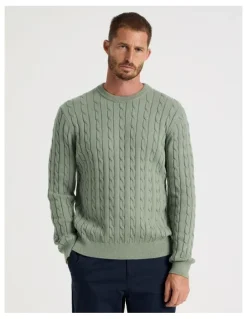 Basque Crew Neck Cable Knit Sweater in Light Green