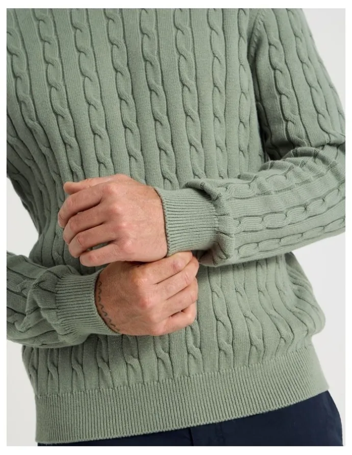 Basque Crew Neck Cable Knit Sweater in Light Green