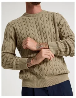 Basque Crew Neck Cable Knit Sweater in Sand
