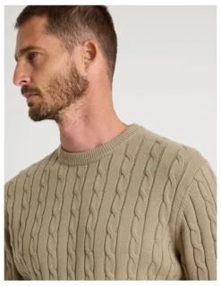 Basque Crew Neck Cable Knit Sweater in Sand