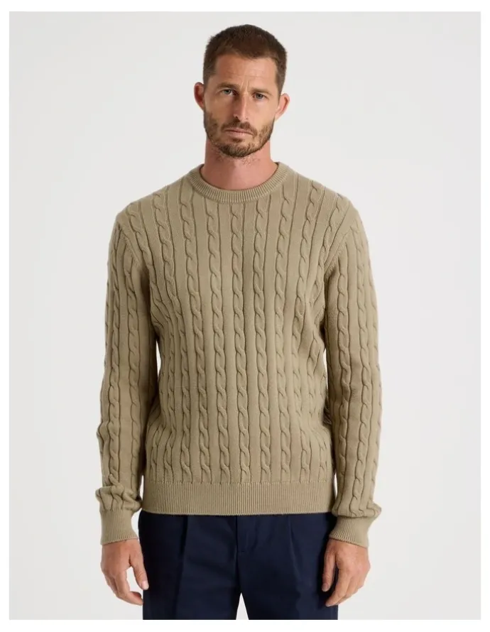 Basque Crew Neck Cable Knit Sweater in Sand