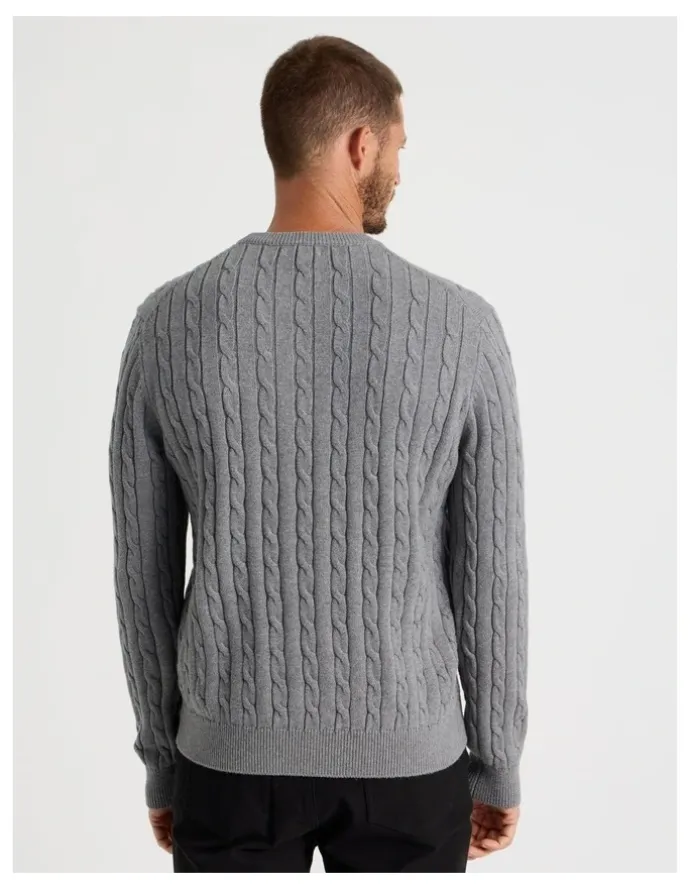 Basque Crew Neck Cable Knit Sweater in Grey Marle