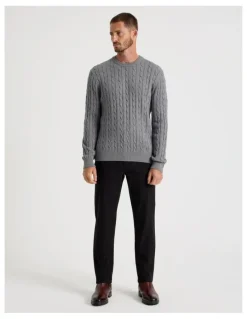 Basque Crew Neck Cable Knit Sweater in Grey Marle