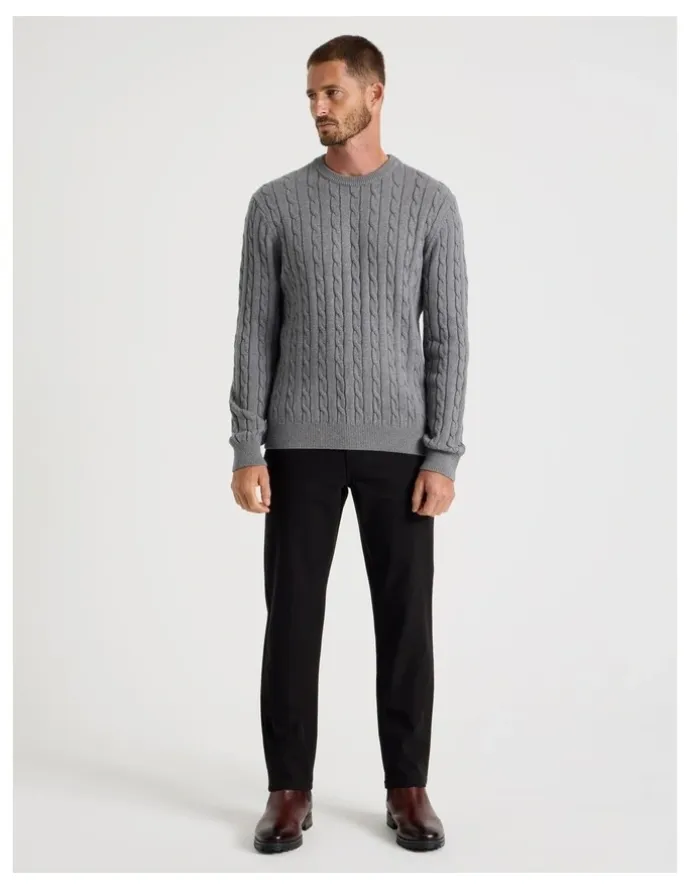 Basque Crew Neck Cable Knit Sweater in Grey Marle