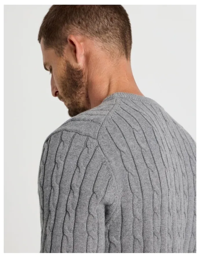 Basque Crew Neck Cable Knit Sweater in Grey Marle