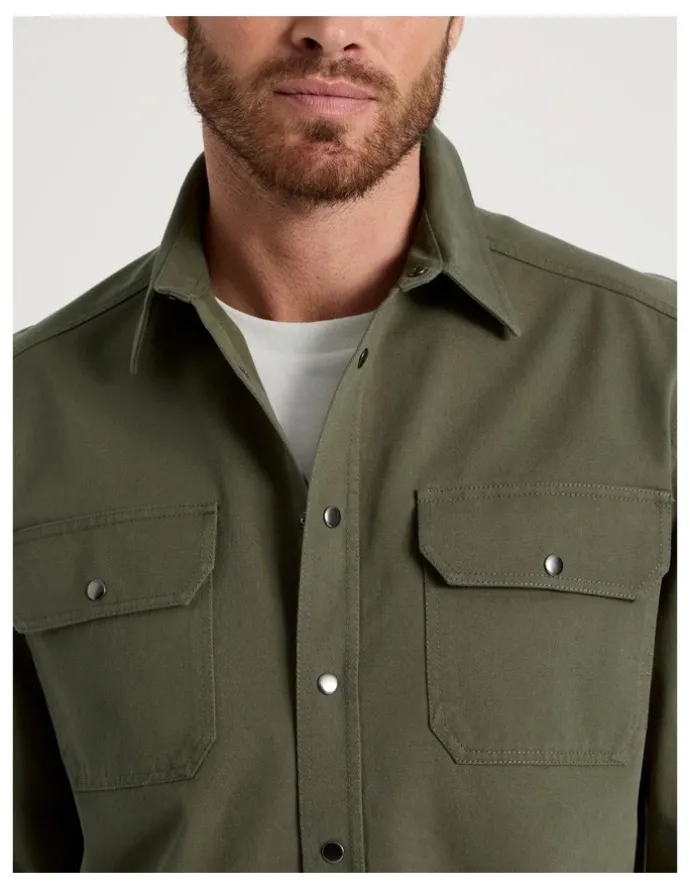 Basque Drill Overshirt With Stud Buttons in Olive