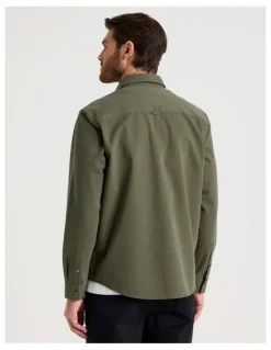 Basque Drill Overshirt With Stud Buttons in Olive