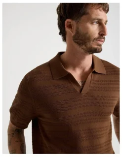 Basque Horizontal Knit Polo in Brown