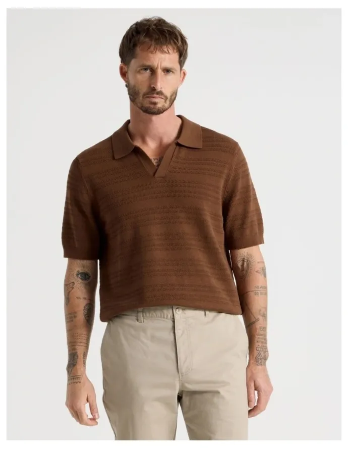 Basque Horizontal Knit Polo in Brown