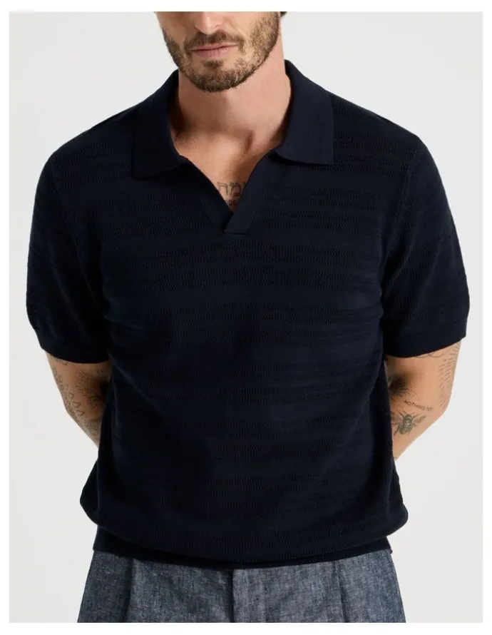 Basque Horizontal Knit Polo in Navy
