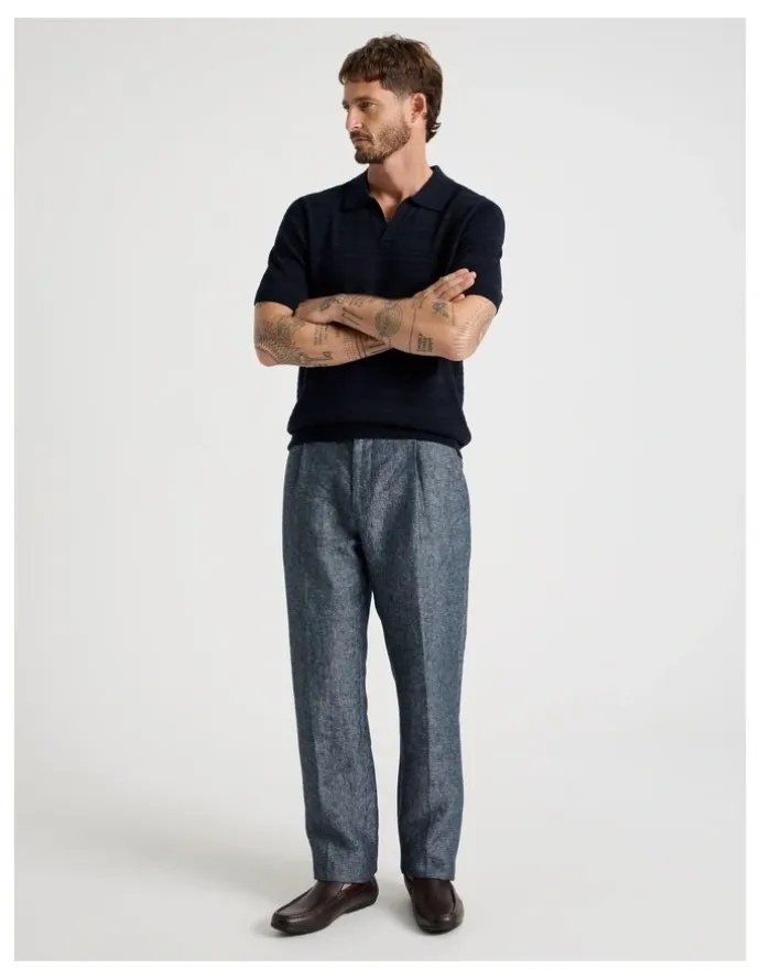 Basque Horizontal Knit Polo in Navy