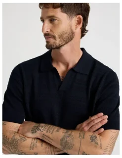 Basque Horizontal Knit Polo in Navy