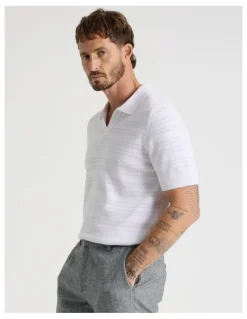 Basque Horizontal Knit Polo in White