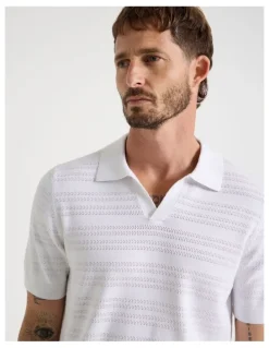 Basque Horizontal Knit Polo in White