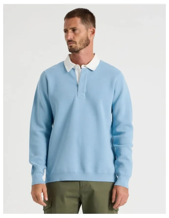 Basque Long Sleeve Knit Rugby Polo in Light Blue