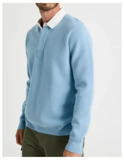 Basque Long Sleeve Knit Rugby Polo in Light Blue