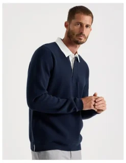 Basque Long Sleeve Knit Rugby Polo in Navy