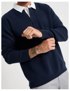 Basque Long Sleeve Knit Rugby Polo in Navy