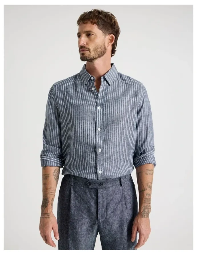 Basque Long Sleeve Linen Shirt in Indigo Stripe