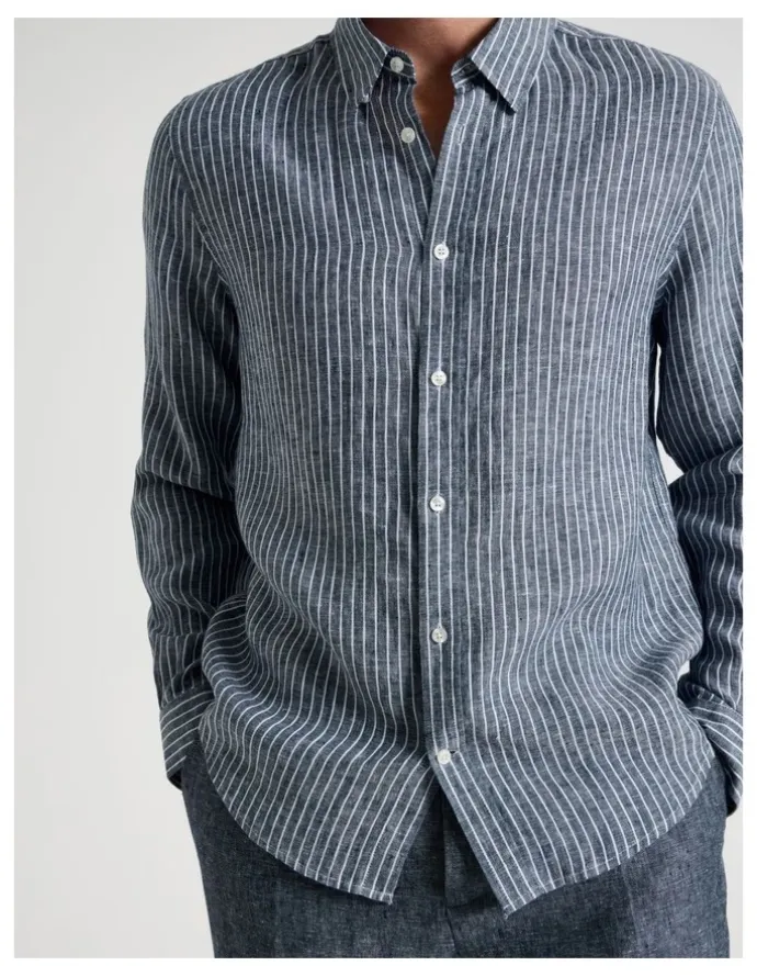 Basque Long Sleeve Linen Shirt in Indigo Stripe